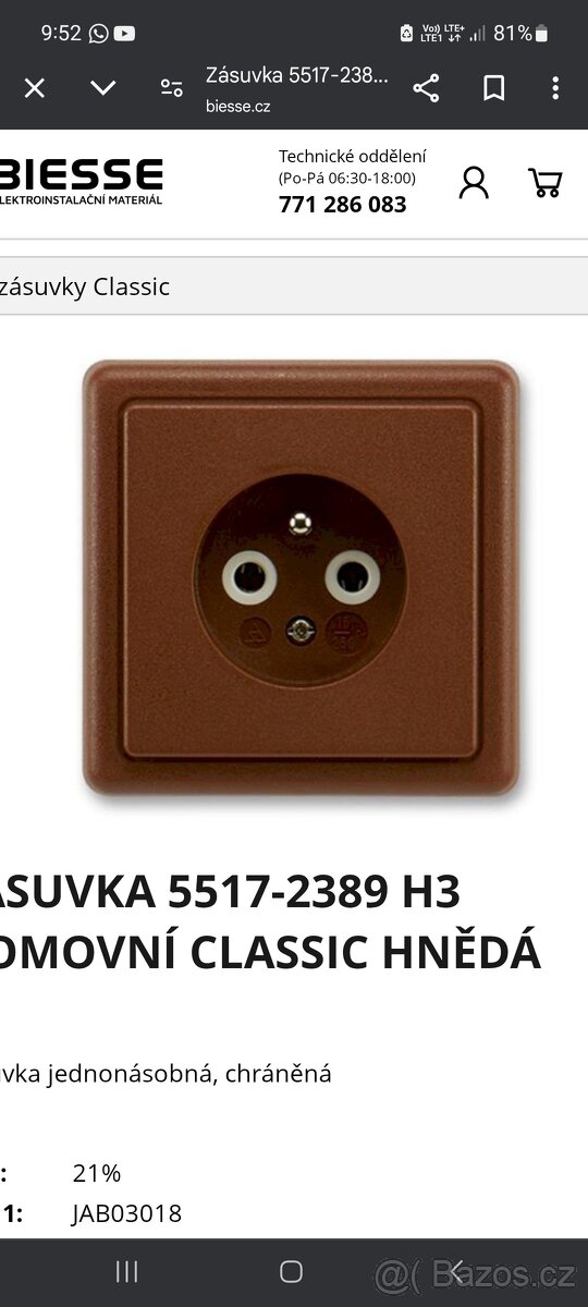 Zásuvka ABB nová, hnědá