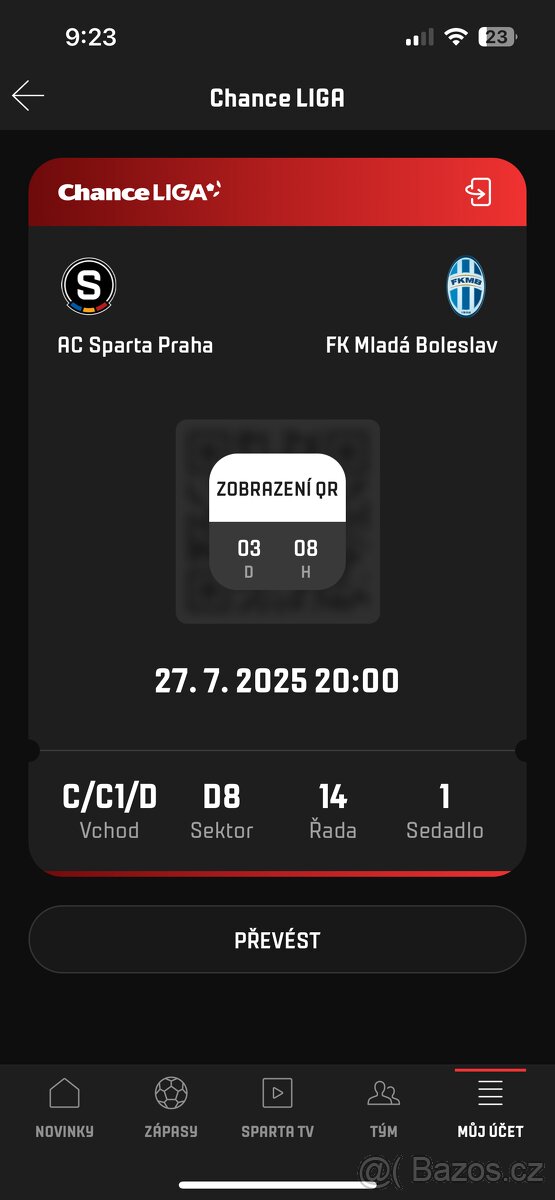 1x vstupenka Sparta Praha - Mladá Boleslav neděle 27.7.2025