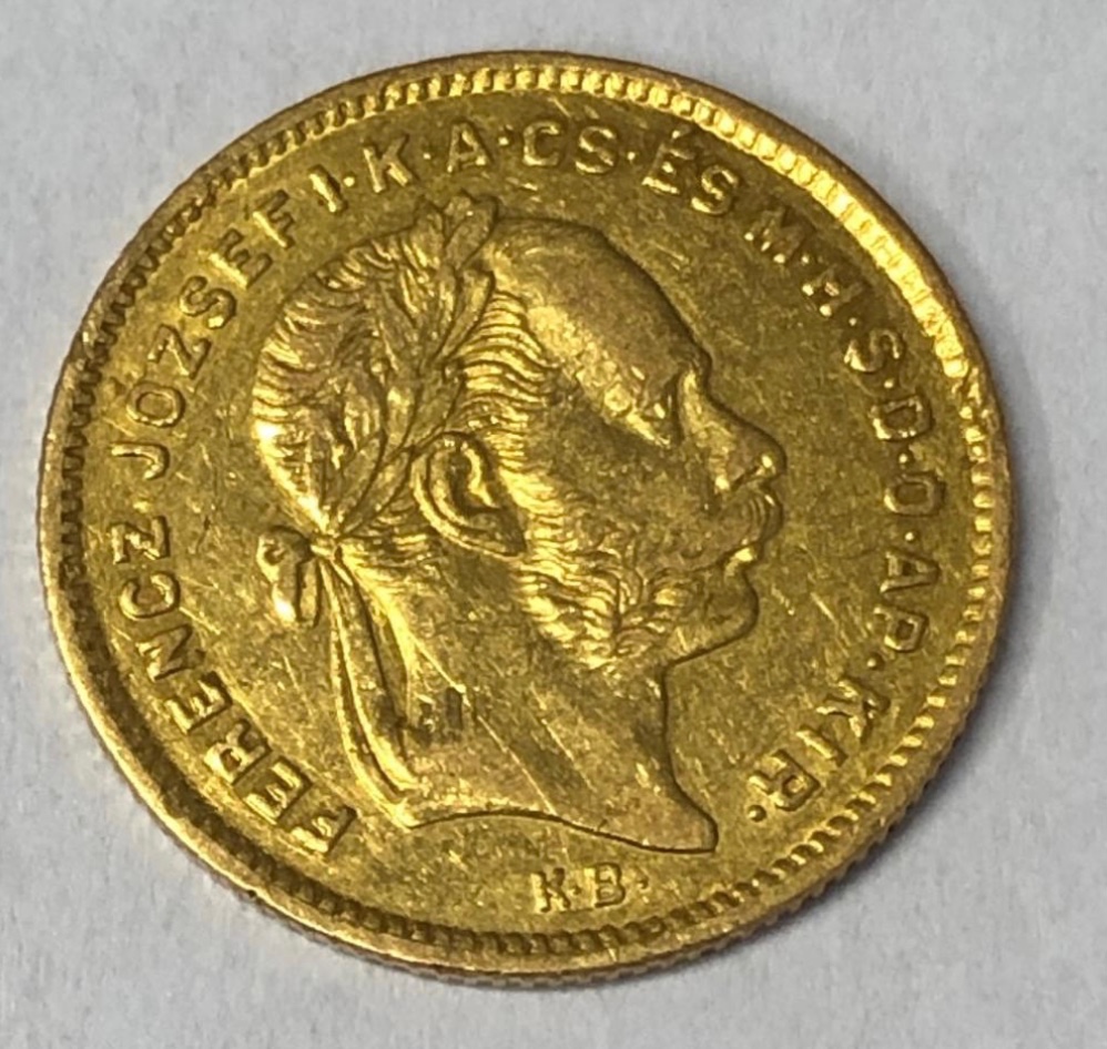 Zlatá mince, 4 Zlatník/10 Frank, 1872 KB, František Josef I.