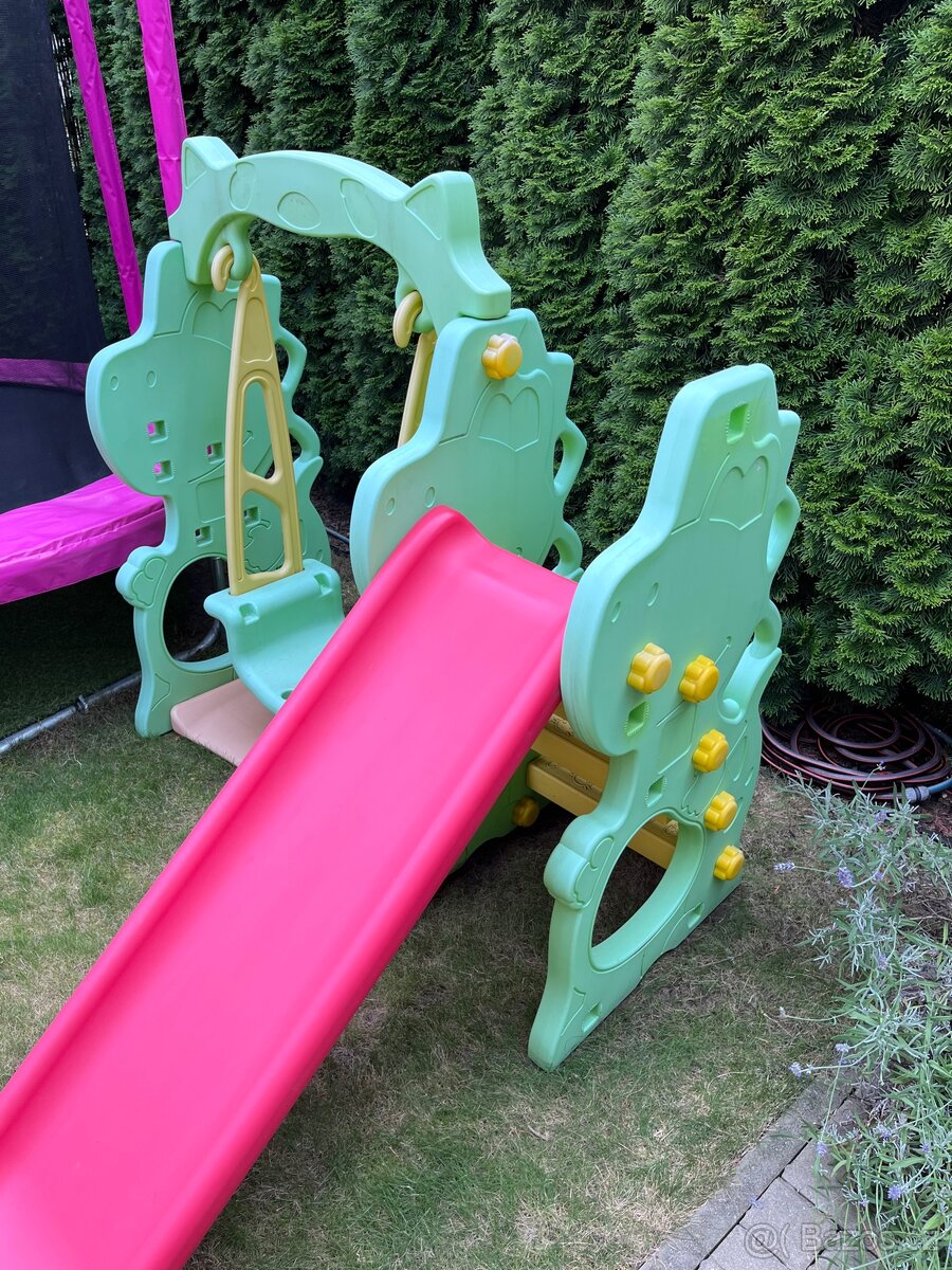Dětská houpačka skluzavka basketbalový koš 3v1 dinosaurus