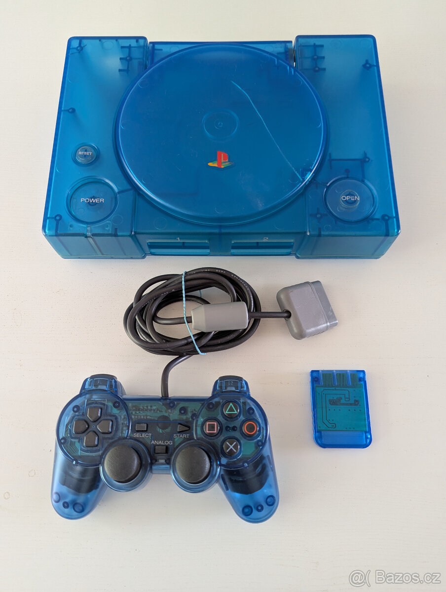 modrý shell pro Playstation 1 + ovladač + memory karta
