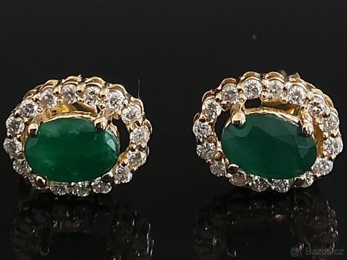 LUXUSNÍ 14 KARÁTOVÉ ZLATÉ DIAMANTOVÉ NÁUŠNICE SE SMARAGDY