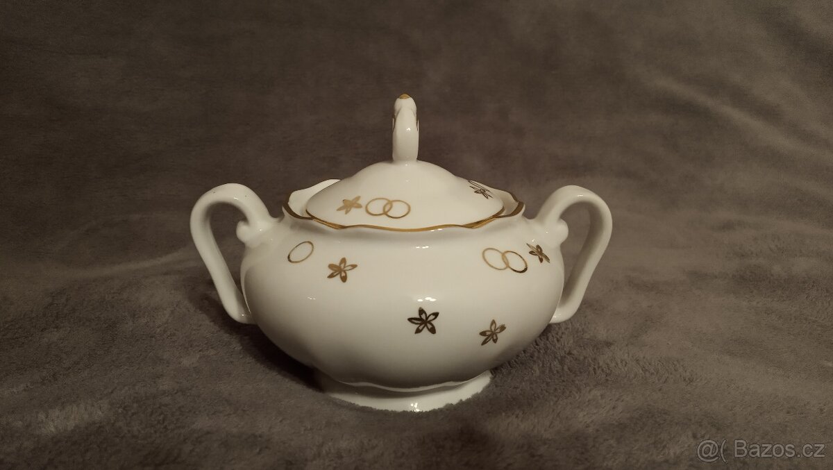 CUKŘENKA A KONVICE PORCELÁNOVÁ POZLACENÁ