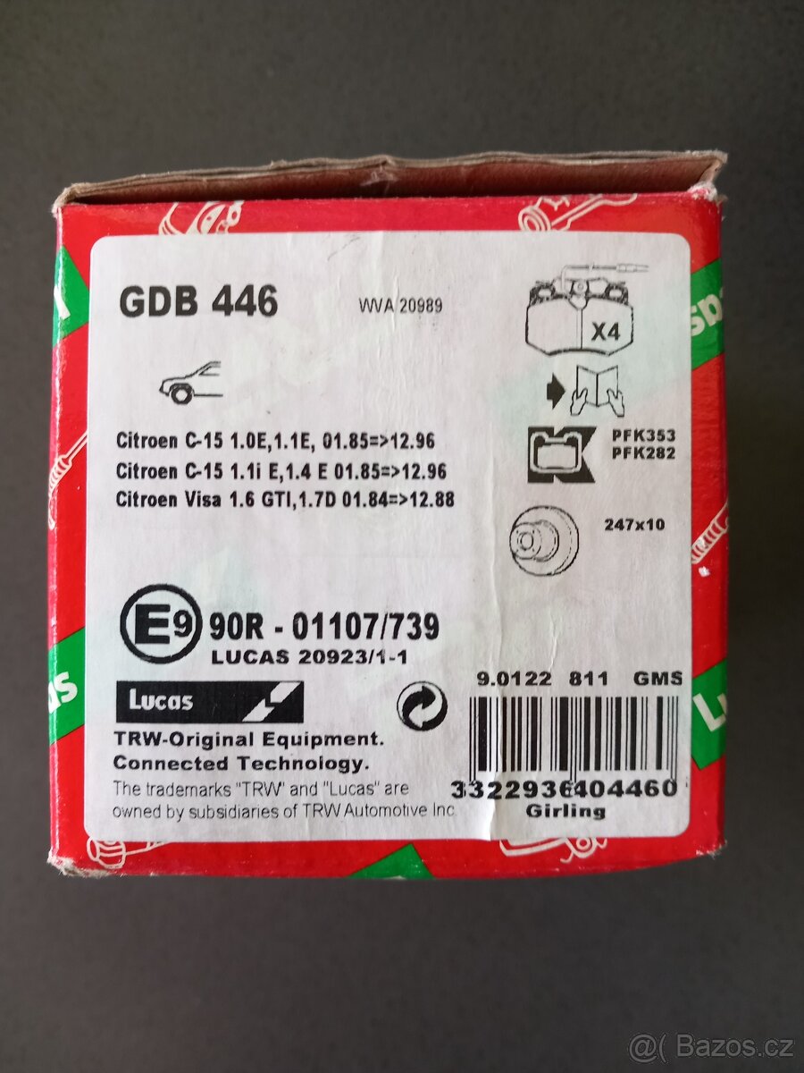 Prodám nové brzdové destičky Citroen GDB 446
