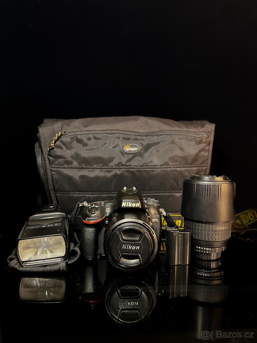 Nikon D610 + pevná 50mm + teleobjektiv 70–300mm + blesk