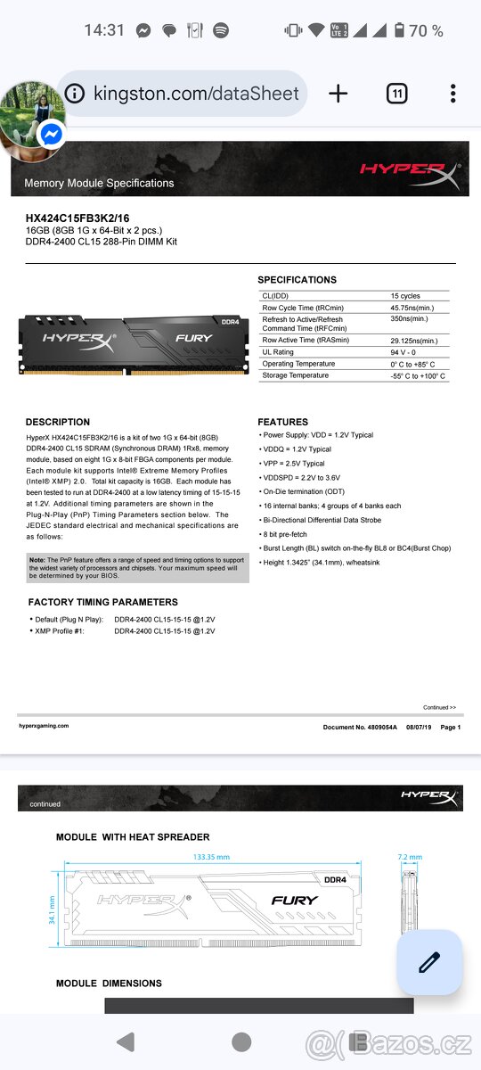 Paměť DDR4 2400 hyper x 2x 8gb
