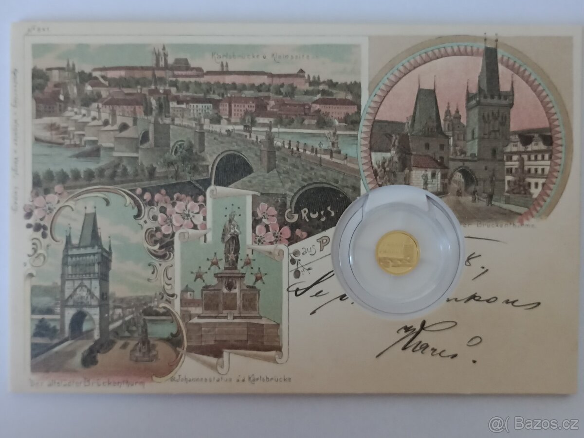 Dobová pohlednice se zlatou mincí Karlův most