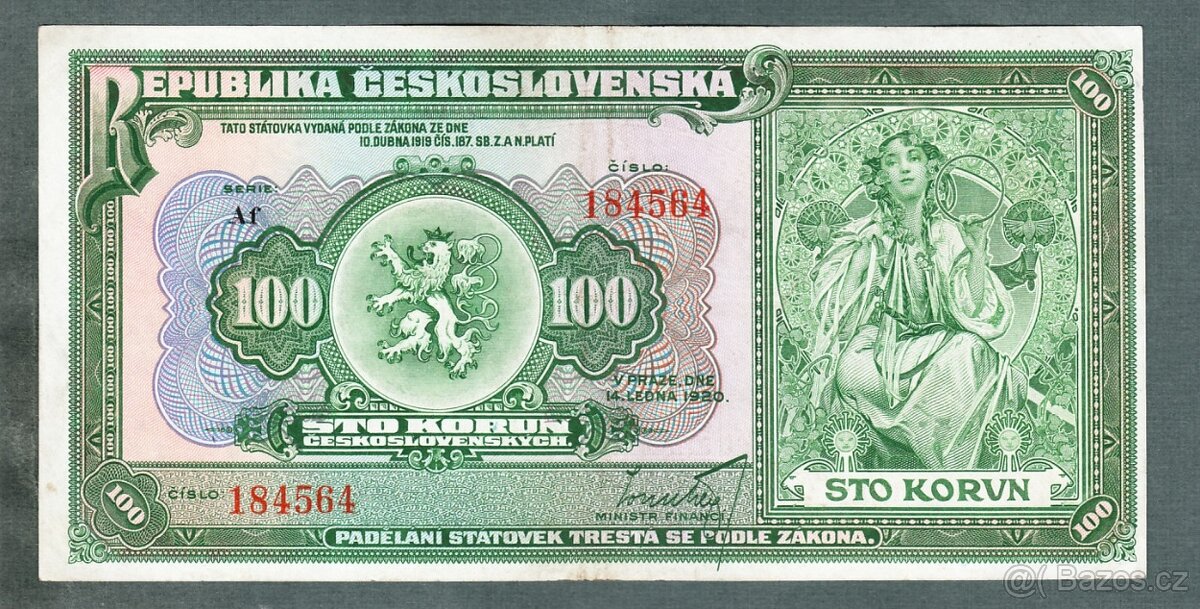 Staré bankovky 100 korun 1920 pěkný stav VZÁCNÁ