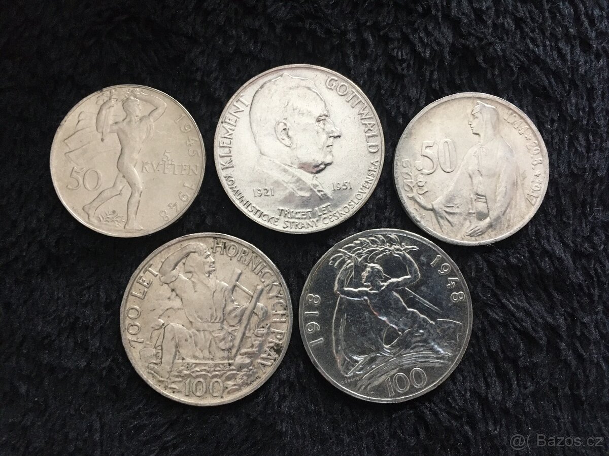 5 kusů stříbrných 50 a 100 Kčs ČSSR, každá mince jiná