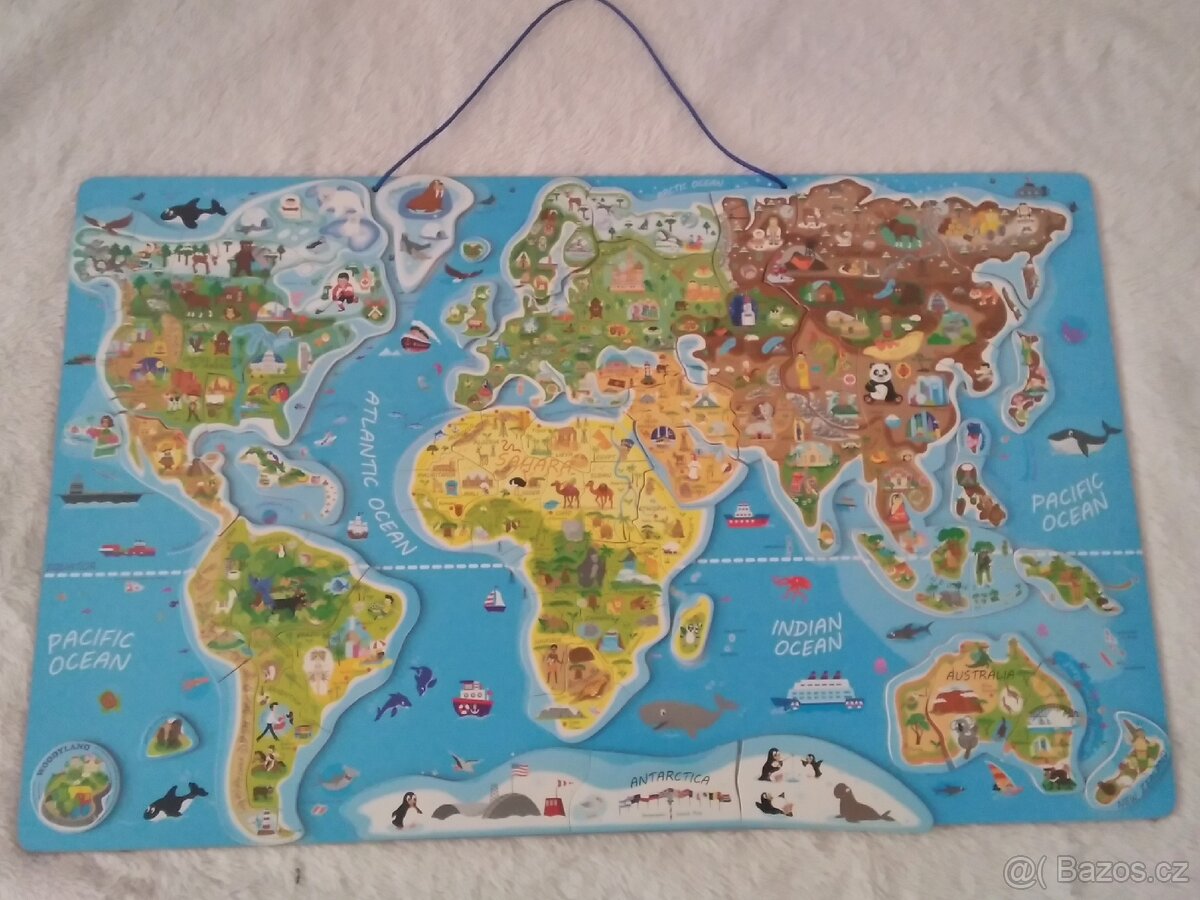 WOODY Magnetické puzzle Mapa Svět v obrázcích 2v1