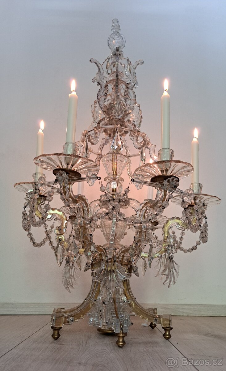 Starožitný křišťálový svícen, kandelabr, lampa r.v.1850