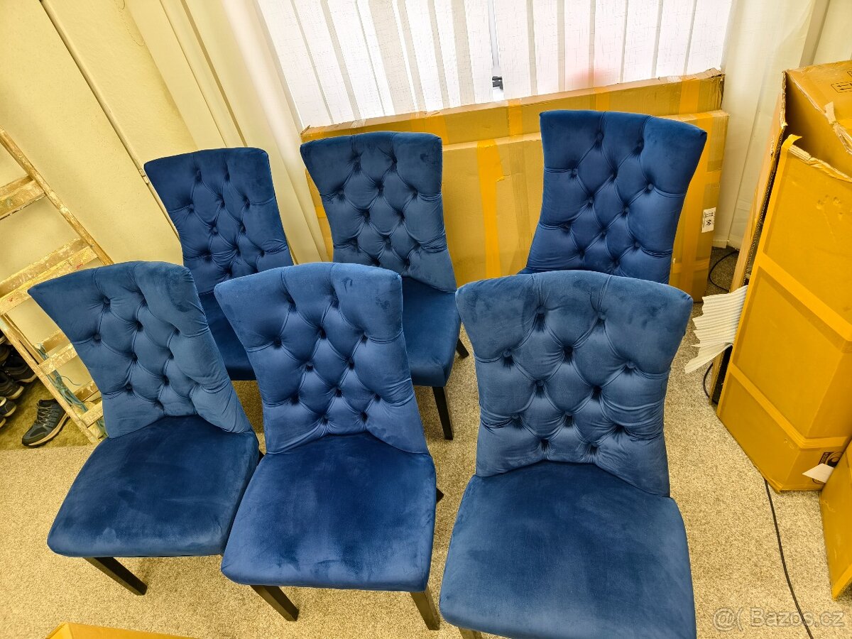 Luxusní semišové modré židle 6 kusů - záruka