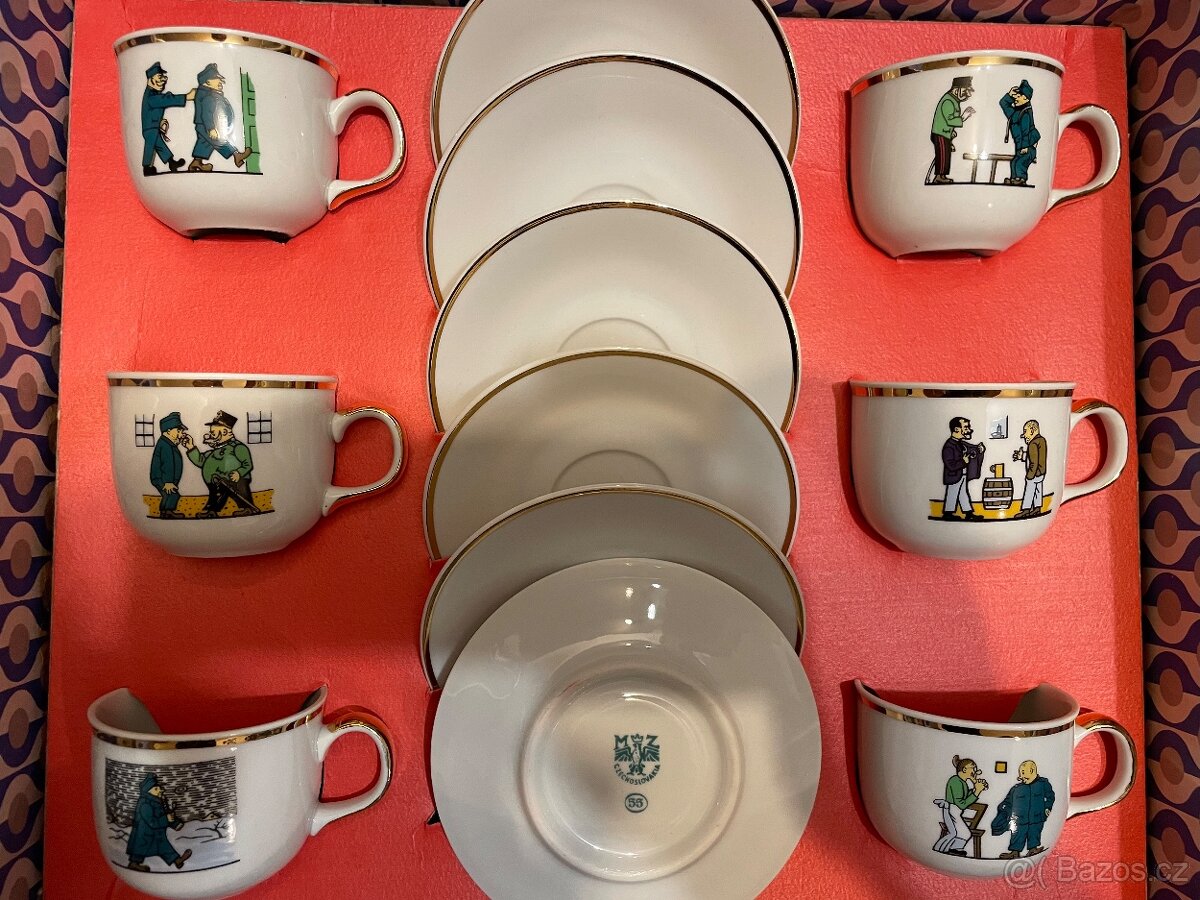 Retro porcelán MZ ČSSR – sada 6 šálků + podšálky – originál