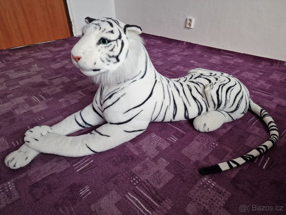 Plyšový tygr bílý ležící 120cm + ocas 70cm
