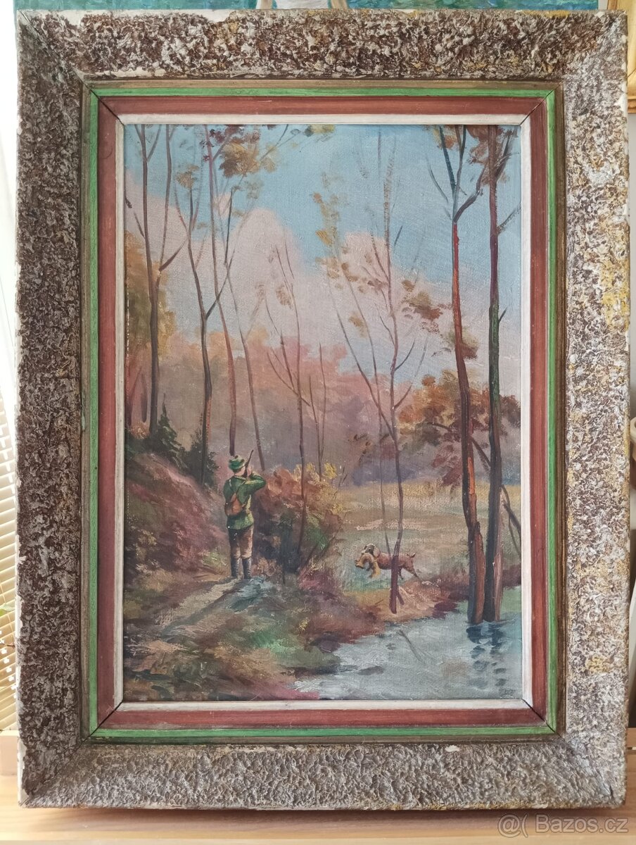 OBRAZ OLEJ NA KARTONU LOVECKÝ MOTIV SIGNATURA NEČITELNÁ