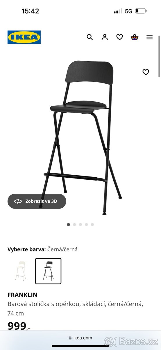 FRANKLIN Barová stolička s opěrkou, skládací, černá