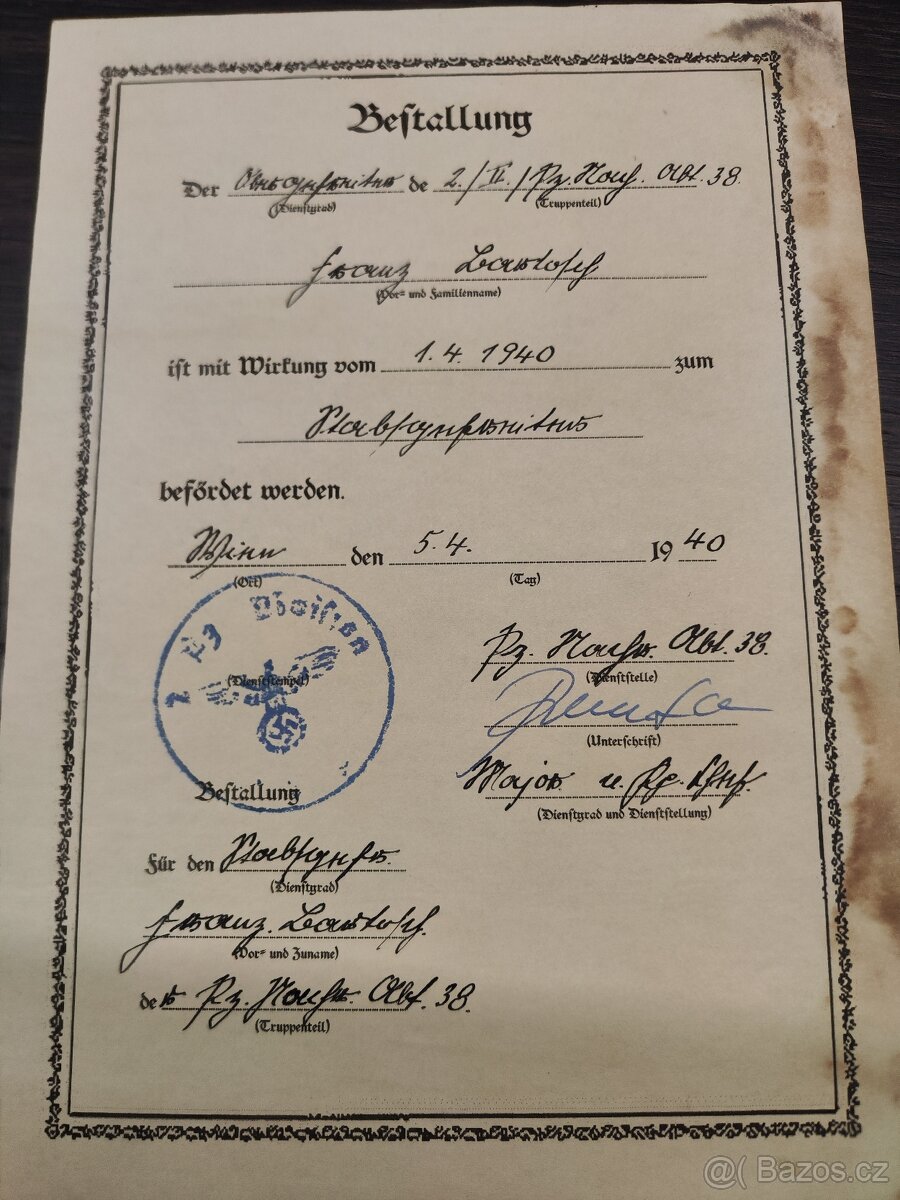 Dekret o jmenování vojáka Wehrmachtu do funkce u štábu