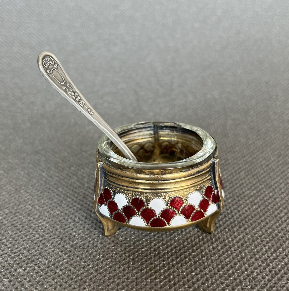 Smaltovaná melchiorová solnička a lžička, SSSR