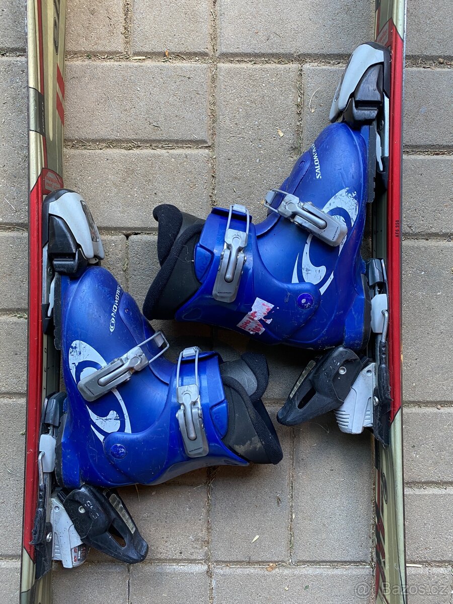 Lyže 100cm, lyžáky 20/20.5 247mm, vázání. Komplet