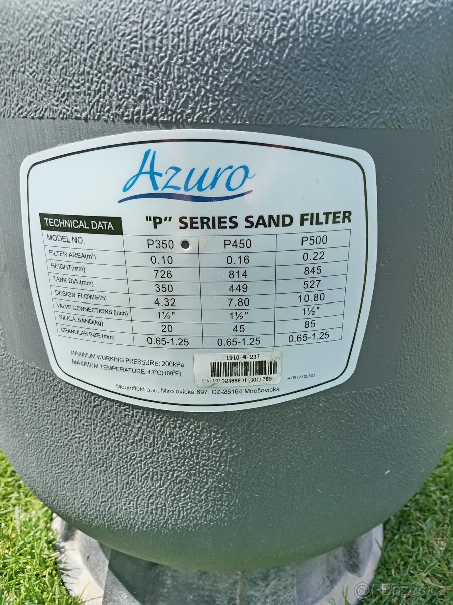 Prodám pískovou filtraci Azuro P350