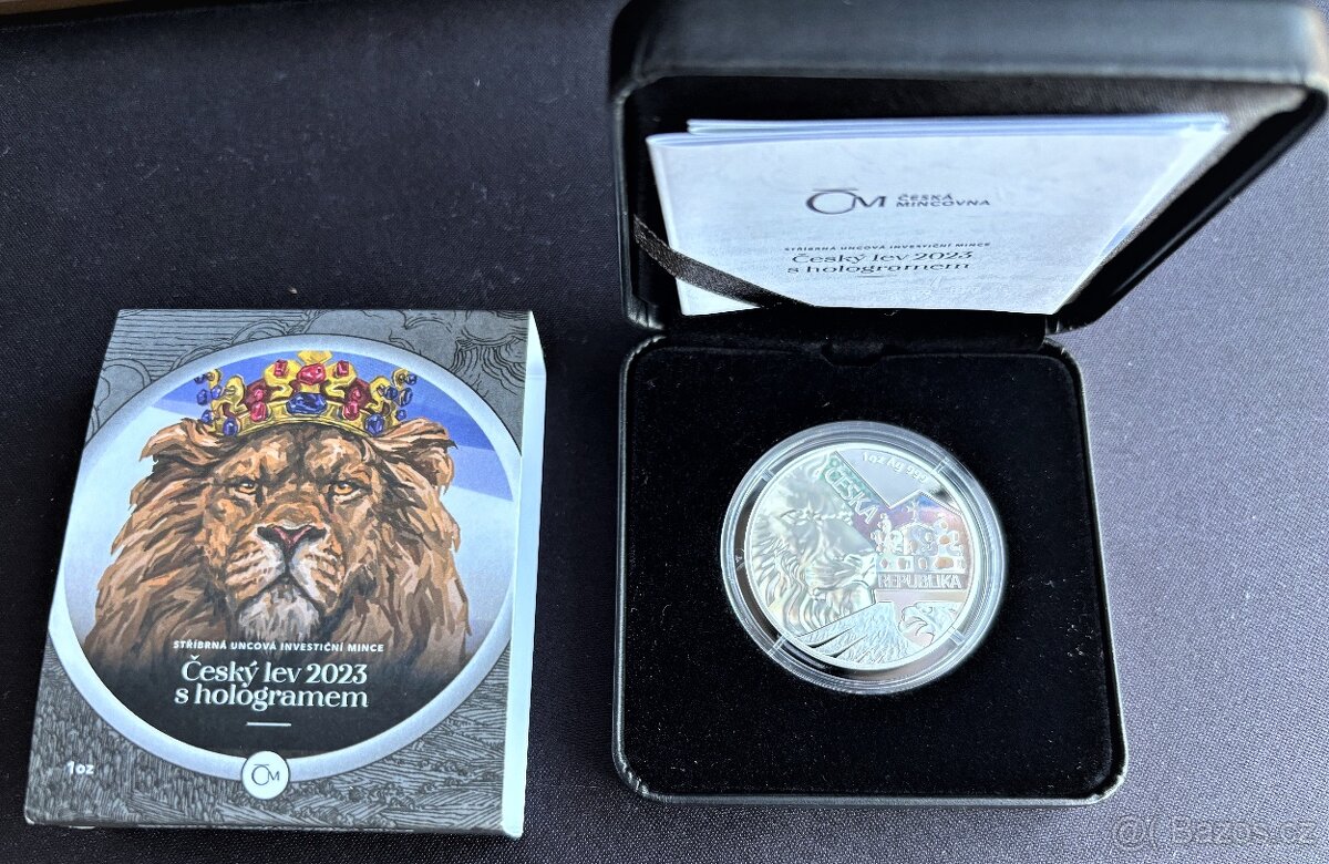 Stříbrná investiční 1oz mince Český Lev 2023 hologram