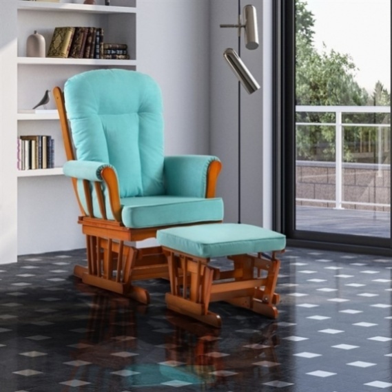 Houpací křeslo, kojící křeslo s podnožkou modrá látka