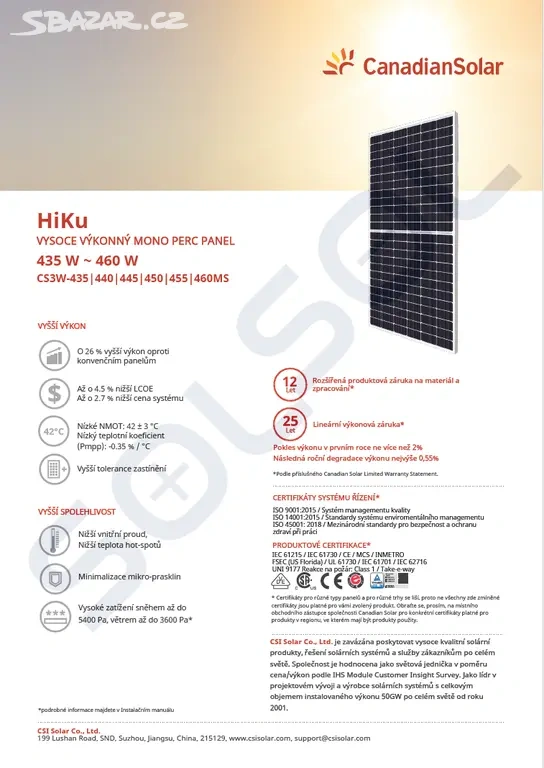 FVE panely Canadian Solar 455Wp
