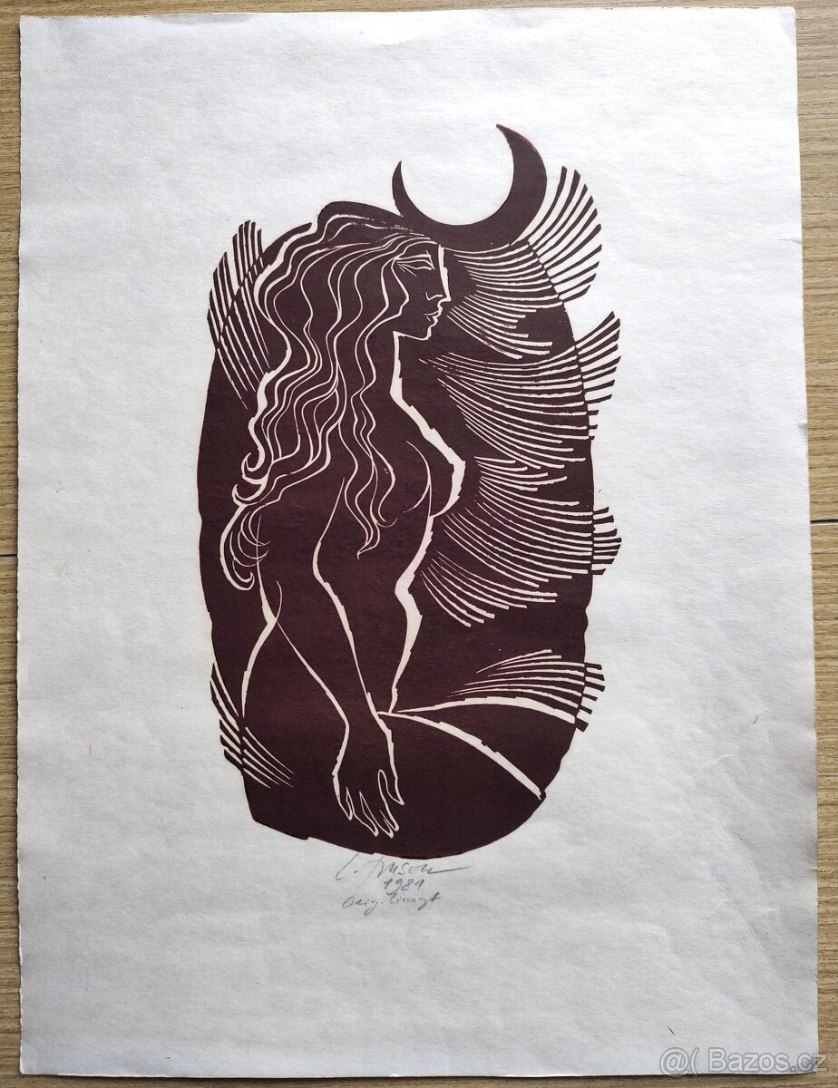 Ladislav Rusek, originál linoryt grafika, obraz