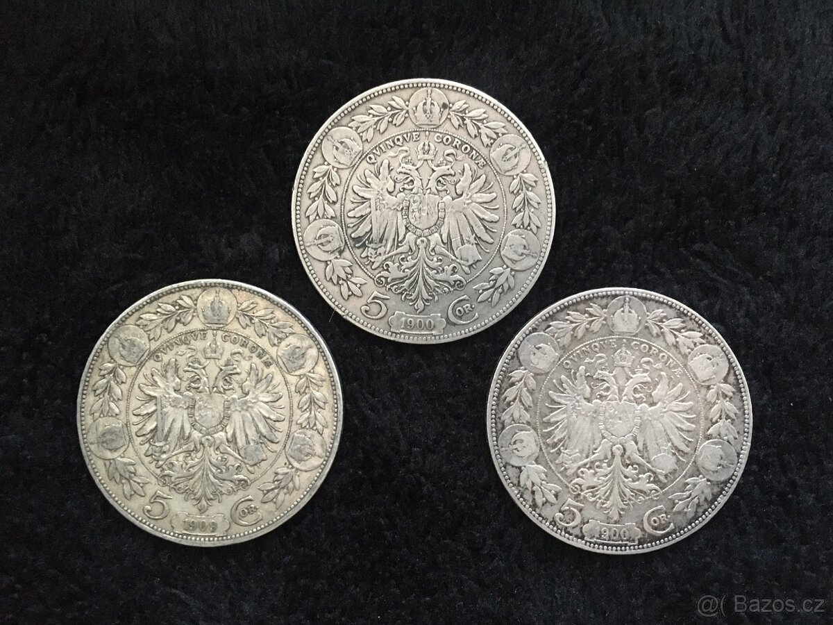3 kusy 5 korun Rakousko Uhersko, stříbrné mince 1900 a 1909