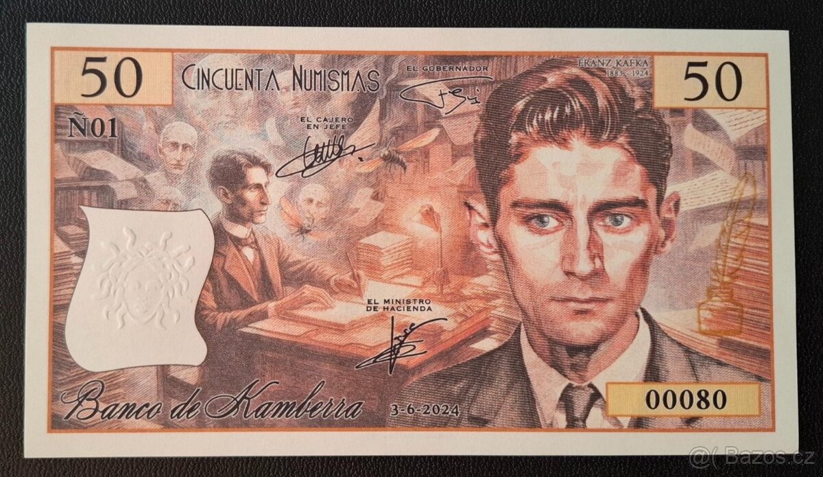 BANKOVKA 50 Numismas FRANZ KAFKA, UNC, autor Franck Medina 2