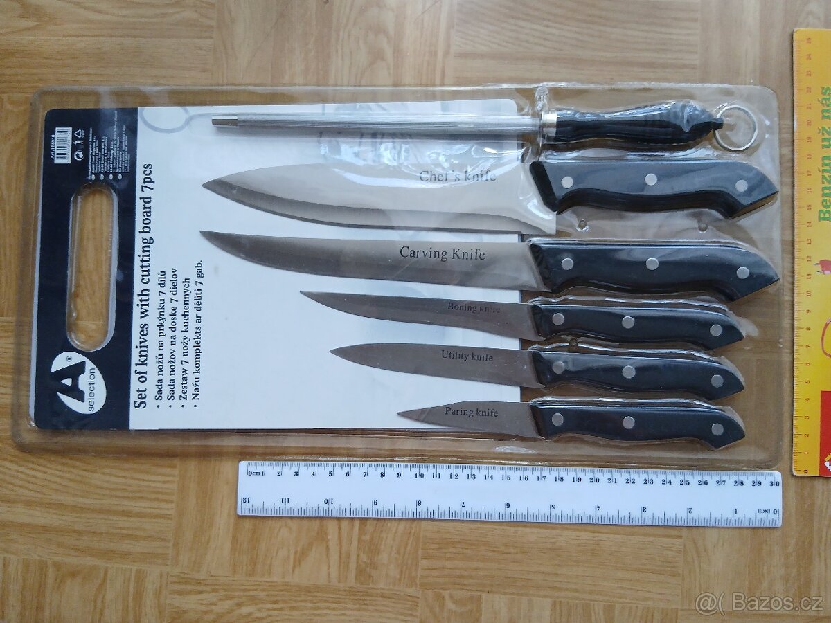 Nože, prkénko, brousek, nové