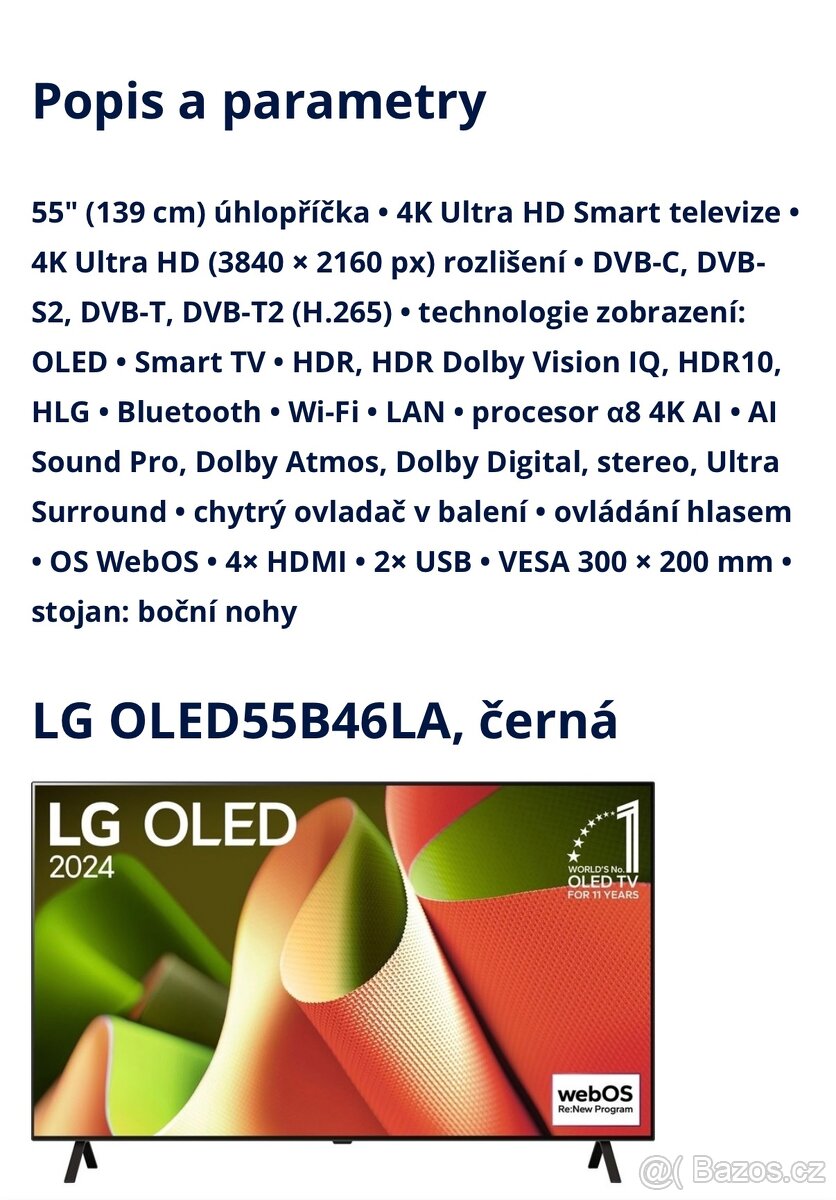 OLED TV LG OLED55B46LA, Smart, nová 55”