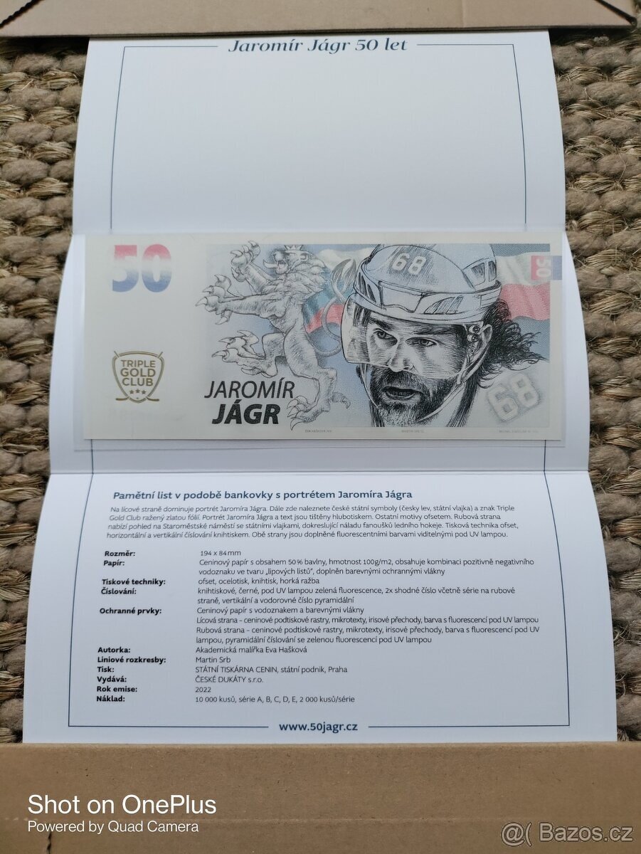 2 x pamětní BANKOVKU vydanou k 50. narozeninám Jaromíra Jágr