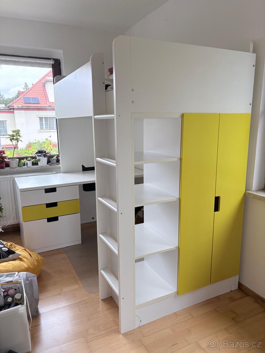 Dětská patrová postel, bílo-žlutá s psacím stolem