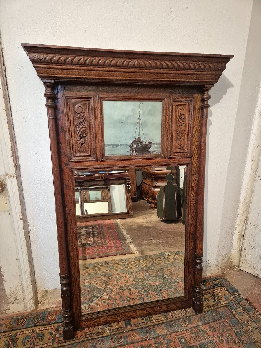 Velké starožitné nástěnné zrcadlo z dubu, Henri II / Mechele