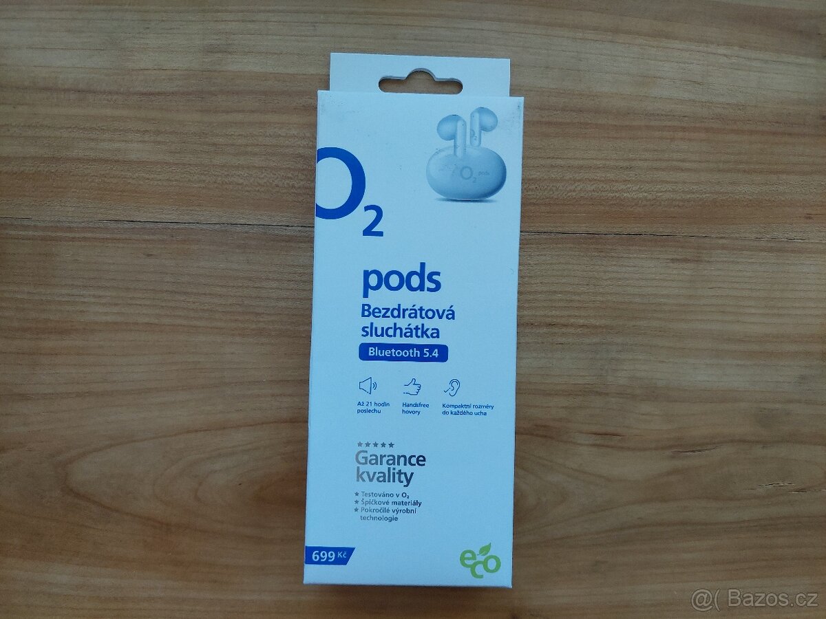 Nová bezdrátová sluchátka O2 pods + box + kabel, bílá barva