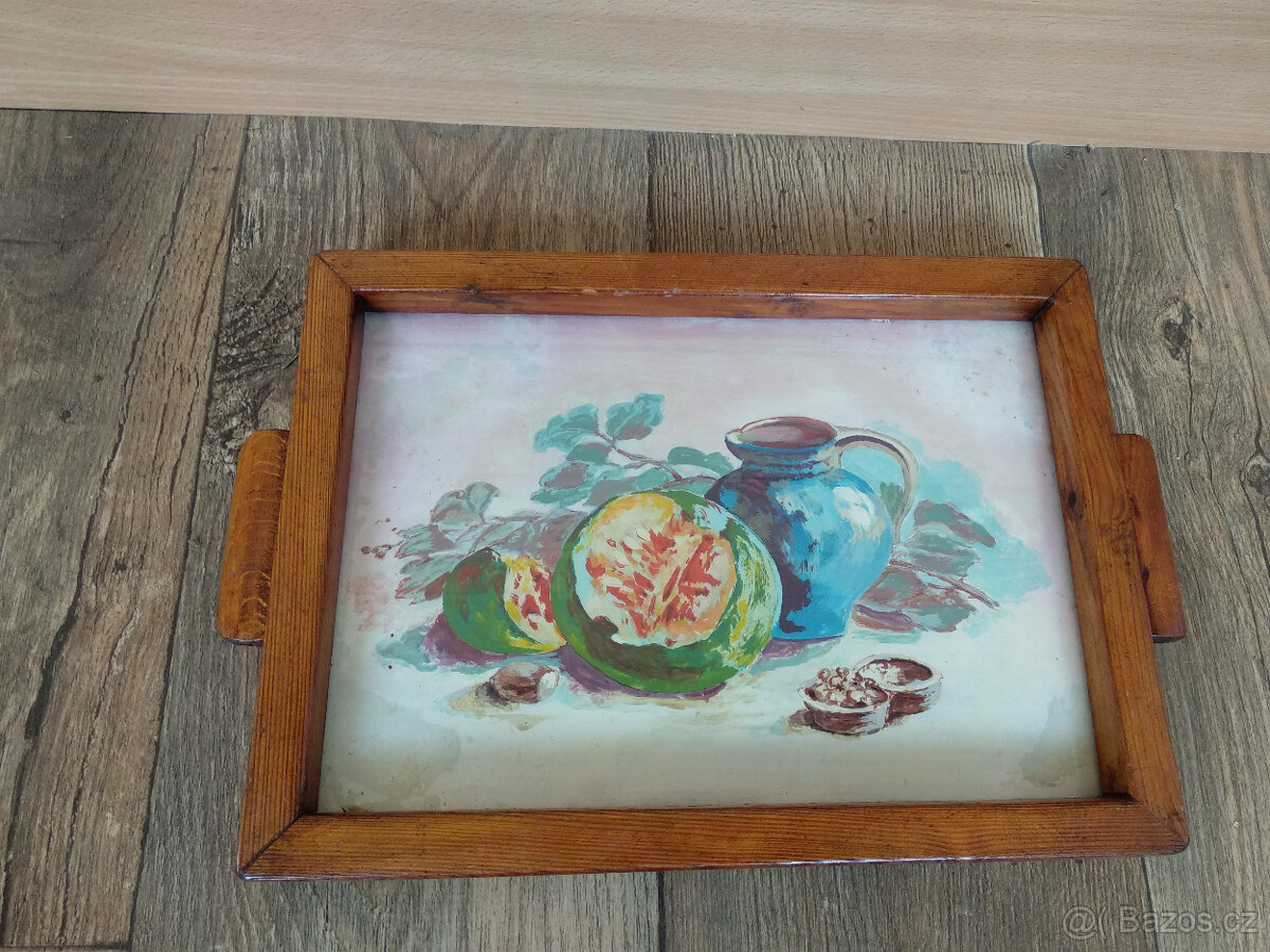 Prodám retro dřevěný tác s ručně malovaným obrazem