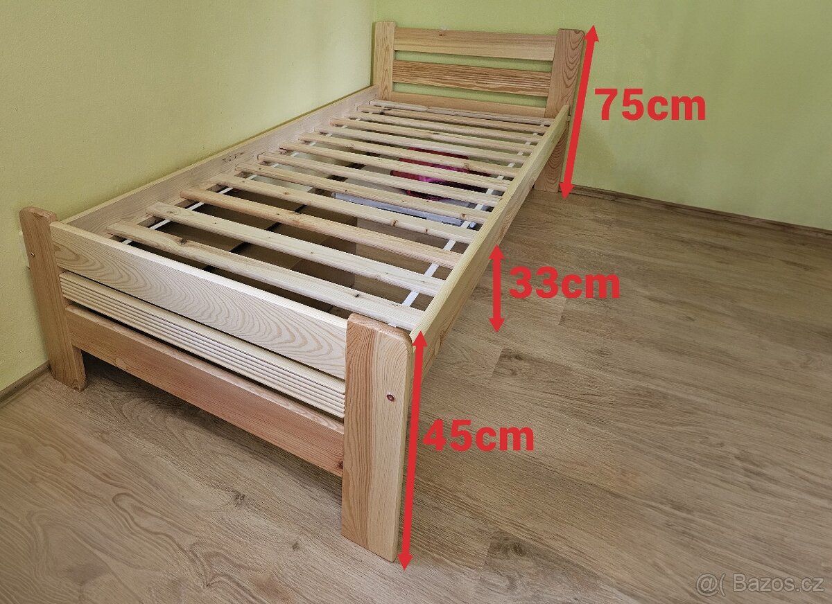 Masivní borovicová postel 90x200 cm včetně roštu – SKLADEM v