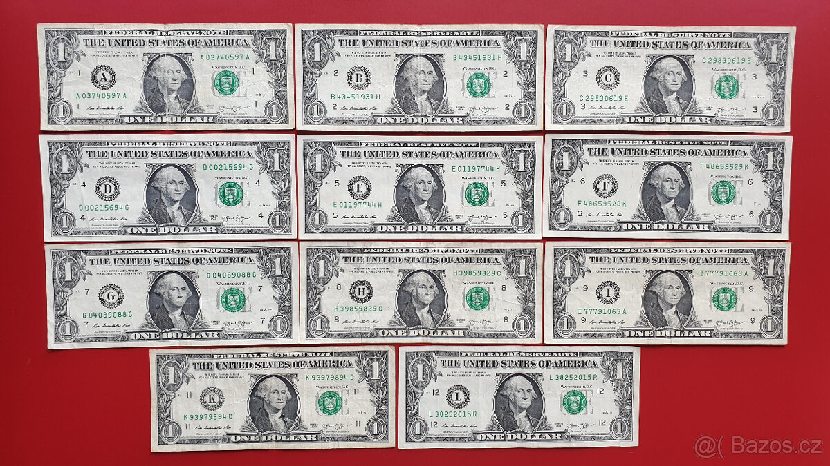 Kompletní sada 11x 1 USD bankovka – série A až L, rok 2013