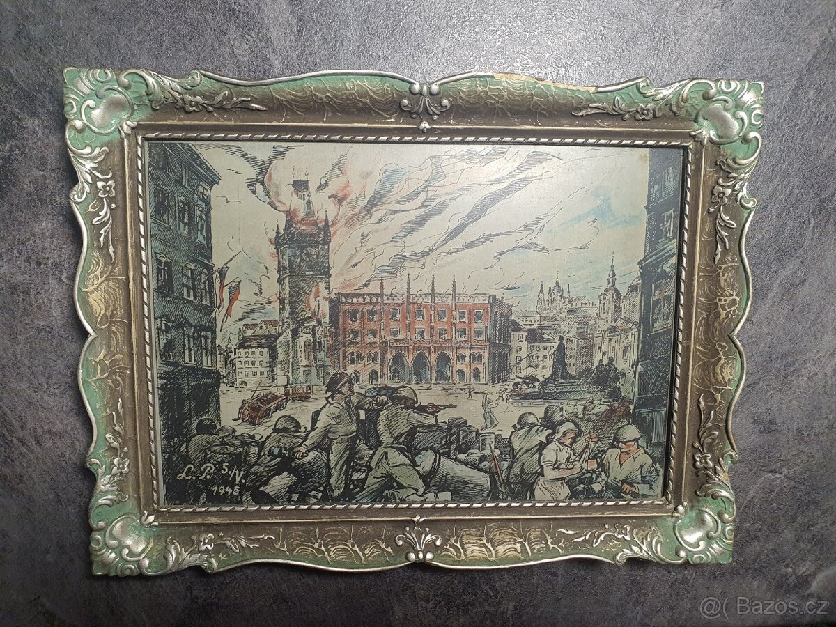 RARITA  - dobový obraz Osvobození boj barikáda 1945