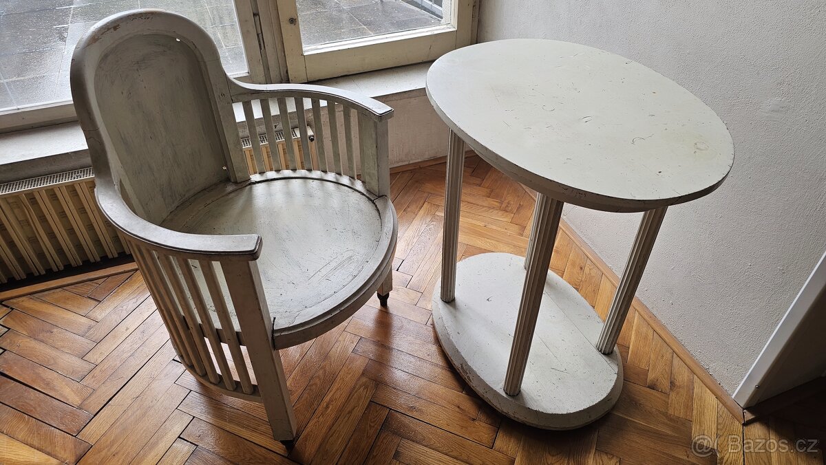 Retro křeslo + stolek, bílá patina