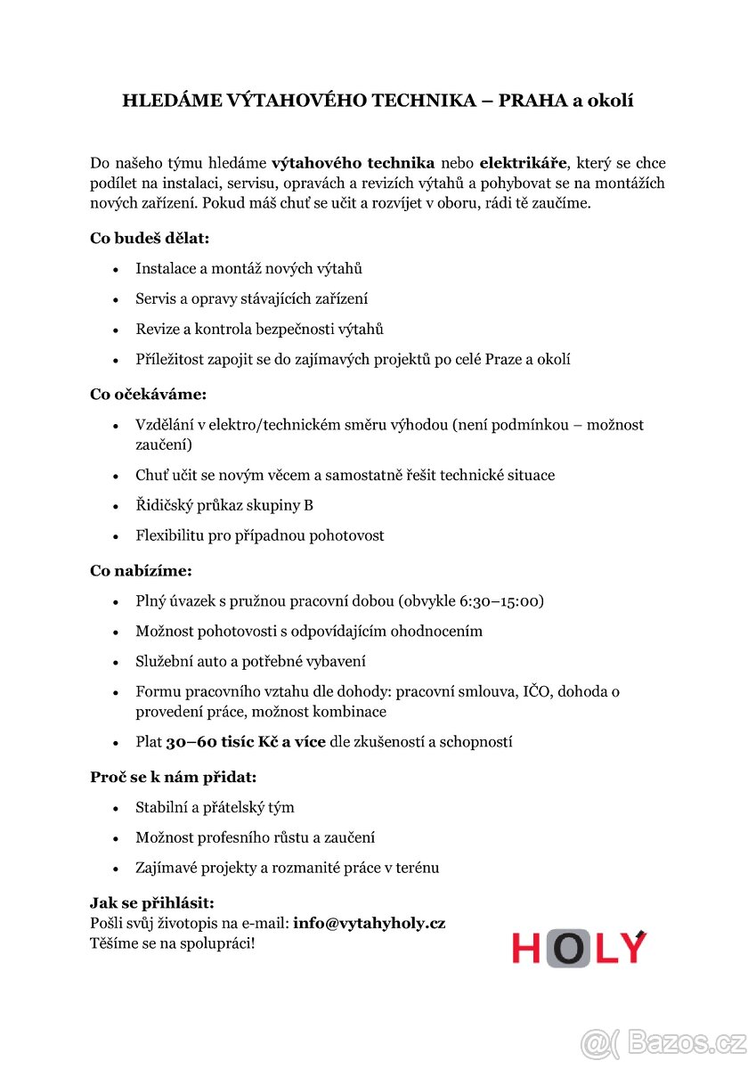 Výtahový technik – Praha, plat 30–60+ tis.