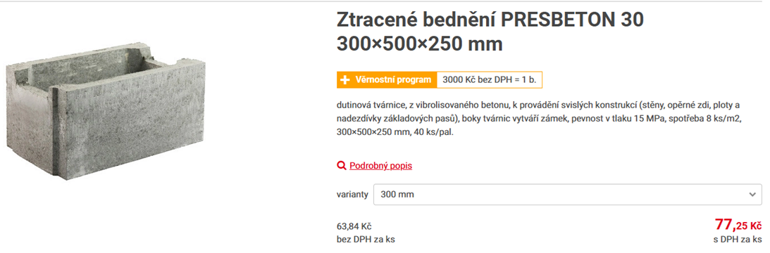 Ztracené bednění PRESBETON 30 300×500×250 mm