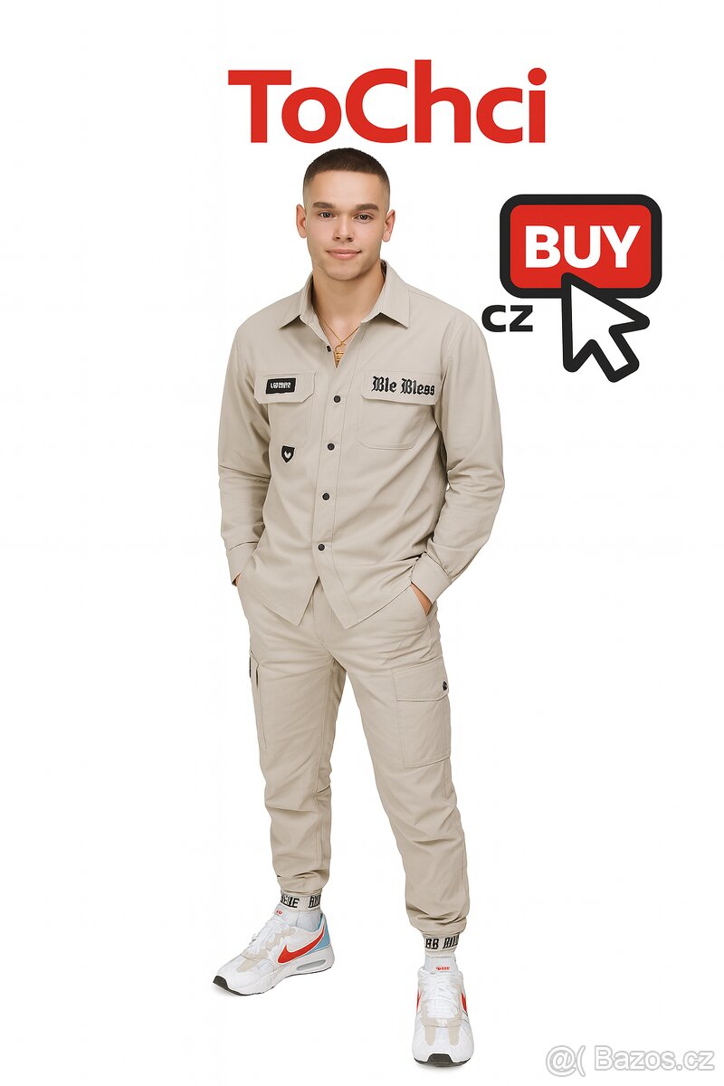 ADREXX Pánský set béžové cargo kalhoty a košile S, M, L, XL