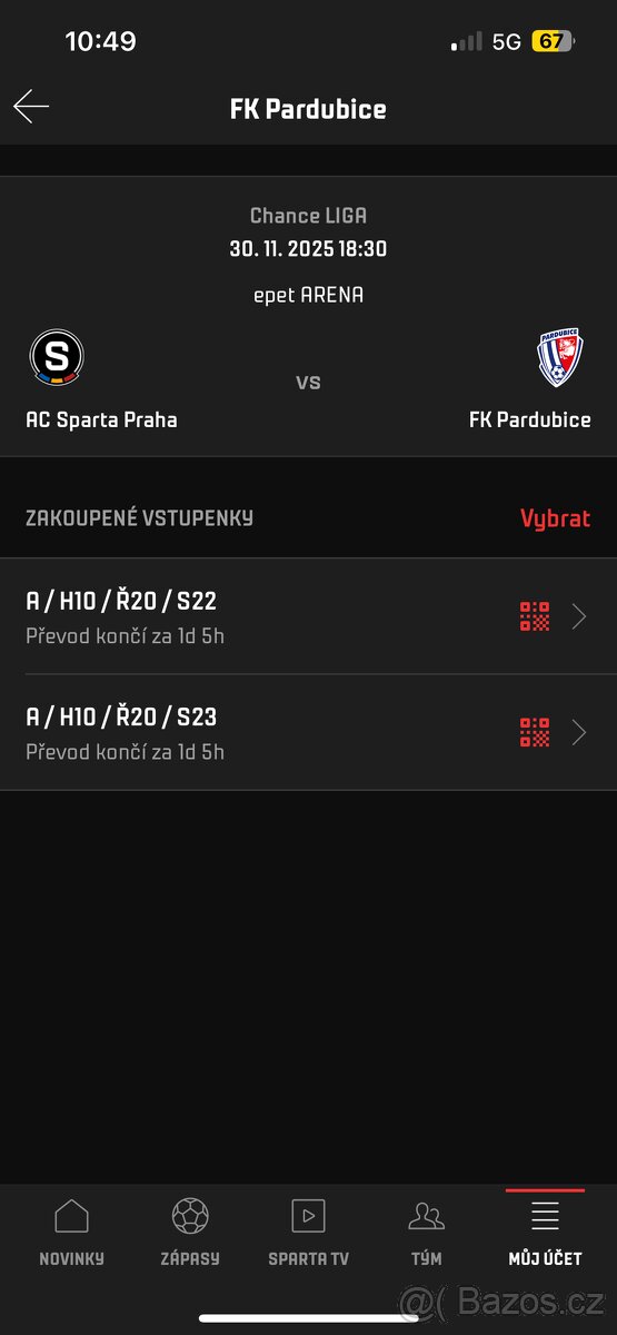 Prodám vstupenky na Sparta-Pardubice