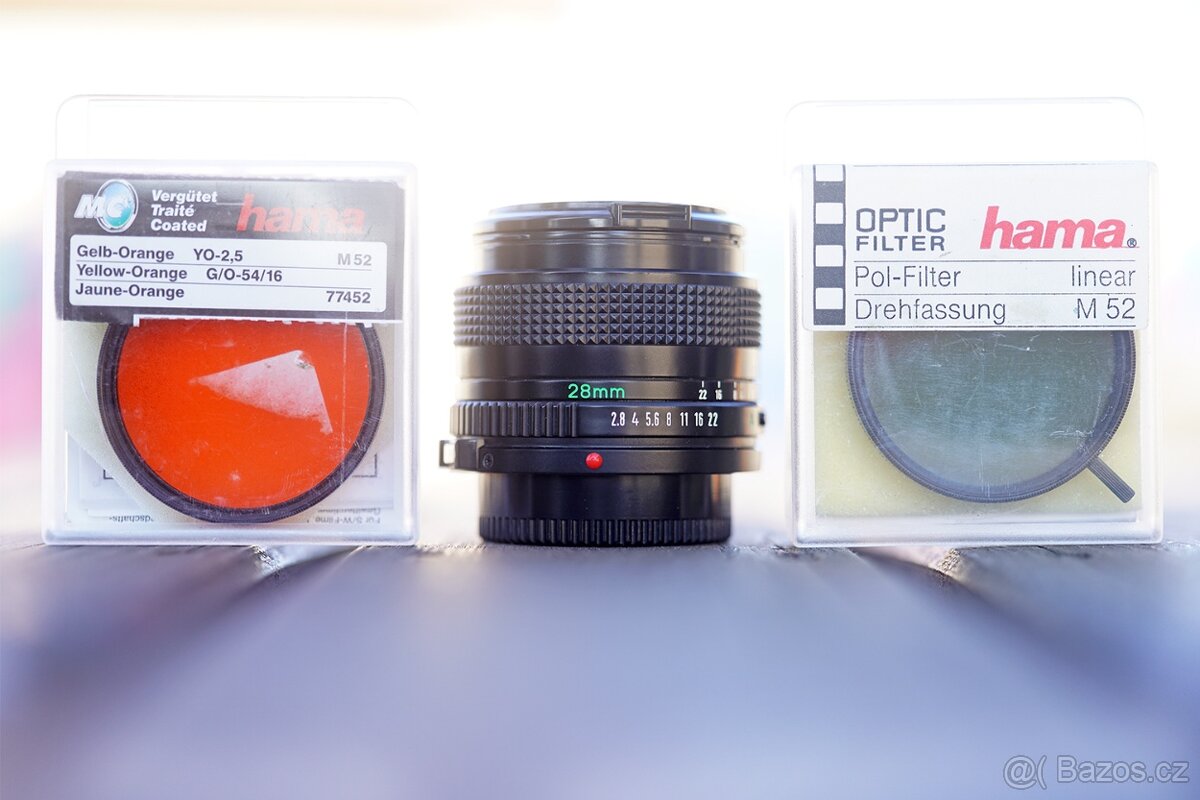Canon 28mm f/2.8 FDnew Lens + 2 filtry, 35mm kinofilm C/FD