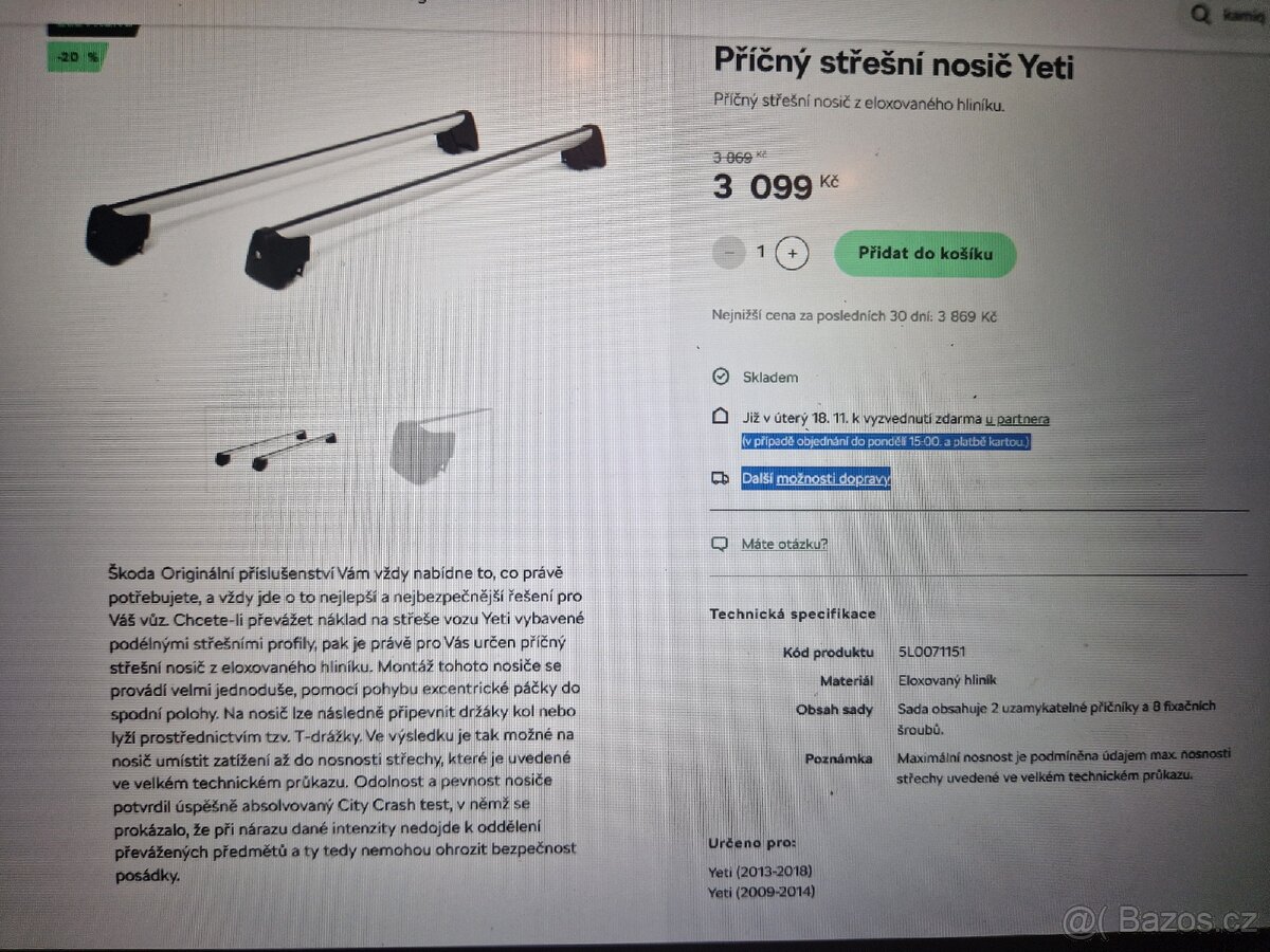 Prodám příčné originální střešní nosiče Yeti