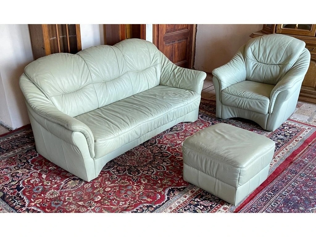 Luxusní kožená sedací souprava 3+1+taburet, 1900