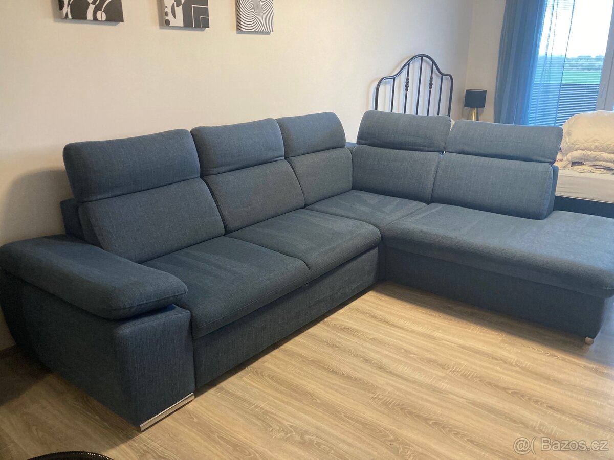 Sedačka modrá L, rozkládací, úložný prostor