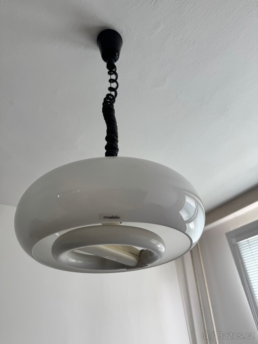 Závěsná retro lampa Meblo – bílá UFO, Space Age (70. léta)